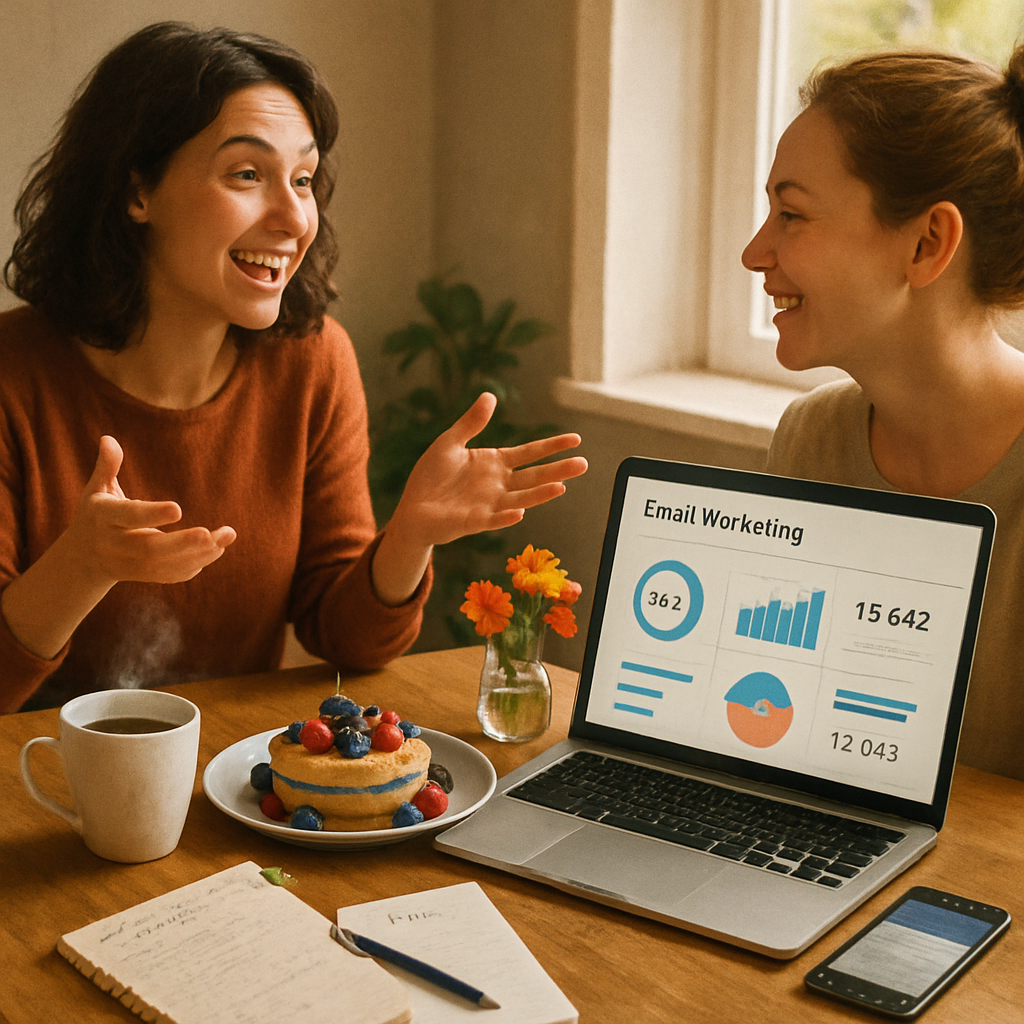 Smiling friends checking email on a mobile phone with data charts in the background.